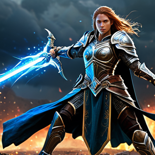 Home 4 Multi-Class Warrior-Mage**
"A strong warrior, fully clothed in ornate, but modest, fantasy armor, wielding a glowing sword in one hand and casting a magical spell from the other, standing on a battlefield amidst a raging war, appropriate attire, safe for work, perfect anatomy, correct proportions, natural pose, professional digital art, high quality, dramatic lighting, professional"
**